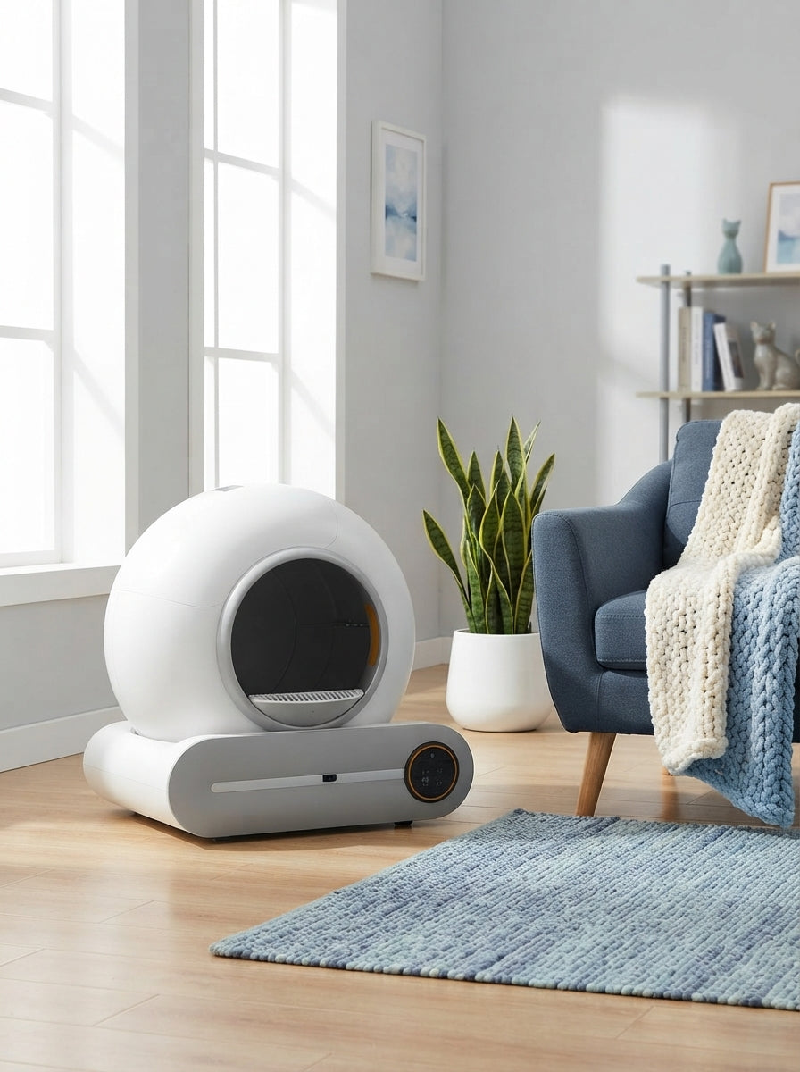 A modern automatic cat litter box in a bright, clean living room with blue decorative accents.